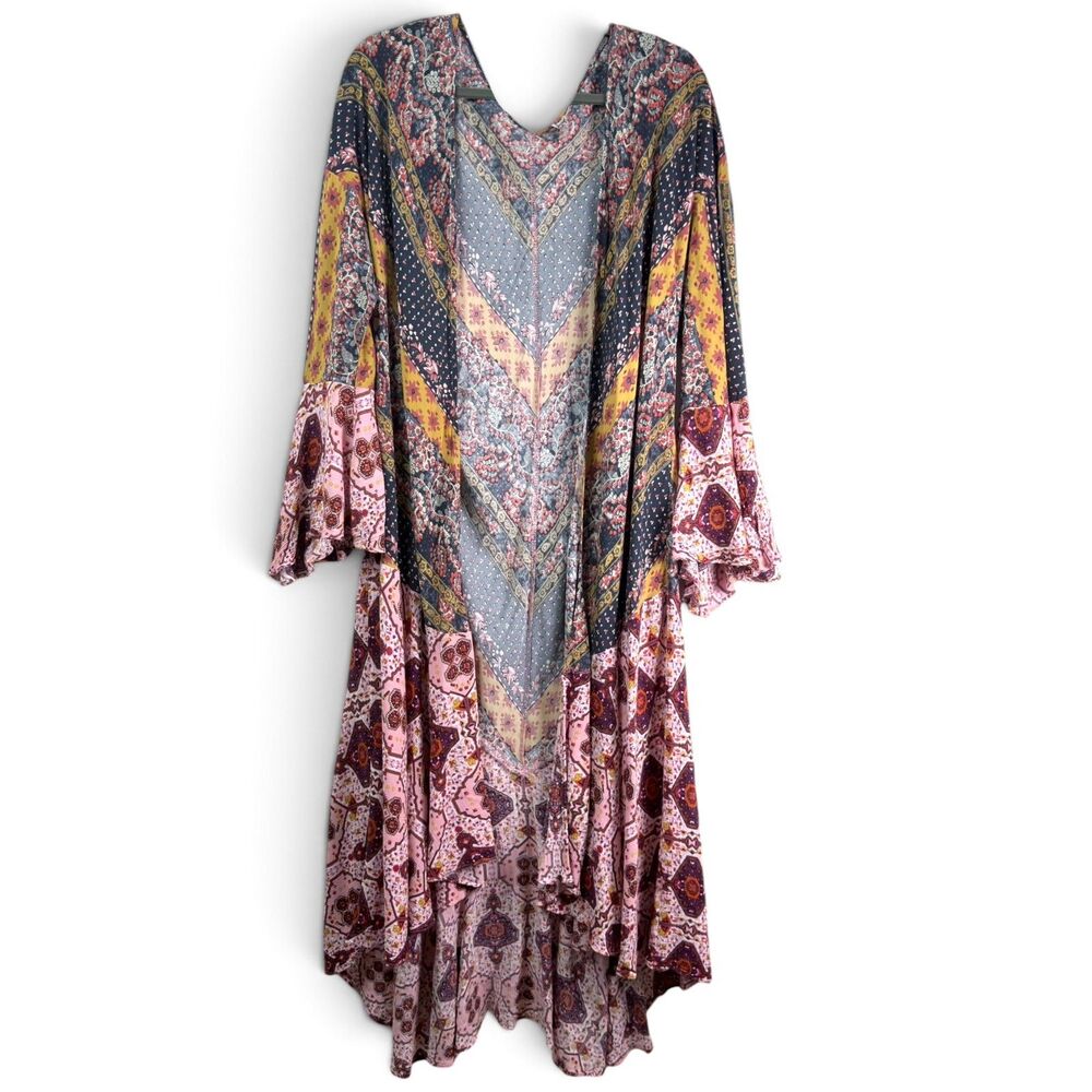 boho patchwork floral duster xl bell sleeve ruffle kimono cardigan pink navy rus - Picture 1 of 5